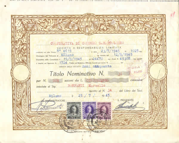 Cooperativa S. Bartolomeo. Titolo nominativo